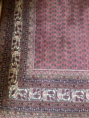 une photo d'un tapis posé sur un parquet, avec un chat allongé dessus