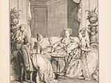an old black and white drawing of a group of people sitting around a table