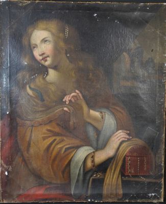 an old painting of a woman in a brown dress sitting on a red chair