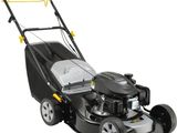 a black and yellow lawn mower on a white background