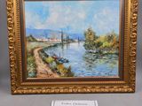 a painting of a river scene with a boat on the water