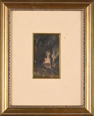 a painting of a landscape with trees and a house in the distance