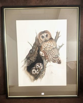 painting of two owls sitting on a tree branch with a nest in the middle
