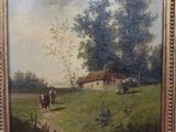 une peinture à l'huile représentant une scène de vie à la ferme, avec un cheval au premier plan