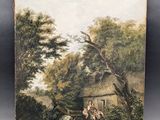 a painting of a house in a wooded area with a horse drawn carriage