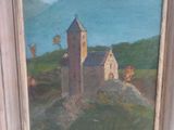 an oil painting of a church on a hill with a blue sky in the background