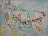 a picture of a drawing of a plane in the sky