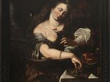 un tableau représentant une femme tenant un oiseau dans la main