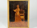 painting of a woman in a yellow dress standing in front of a bed