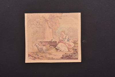 un dessin représentant une femme assise sur un banc avec un chien