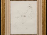 a drawing of a woman sitting in a chair in a gold frame