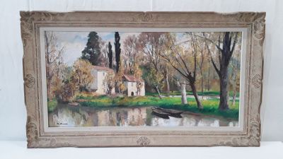a picture of a painting of a house by the water