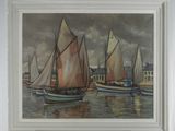 painting of sailboats on the water in front of a cityscape