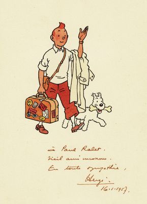 drawing of a man with a suitcase and a dog on a leash