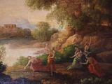 a painting of a group of people by a river