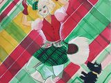 painting of a woman in a green skirt and red top with a black dog