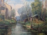 un tableau représentant une rivière traversant un village
