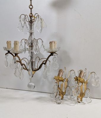 pair of antique brass and crystal chandeliers
