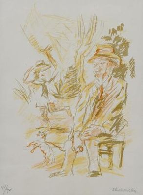 drawing of a man sitting on a bench with a dog next to him