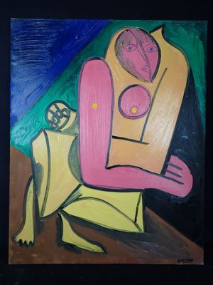 peinture abstraite représentant un homme avec un oiseau sur l'épaule