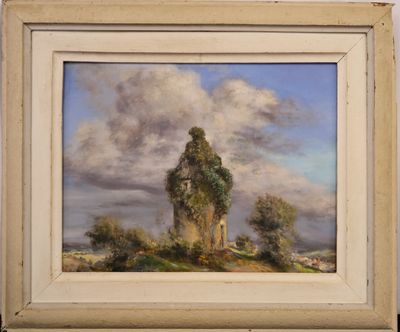 an image of a painting of a castle in the middle of a field