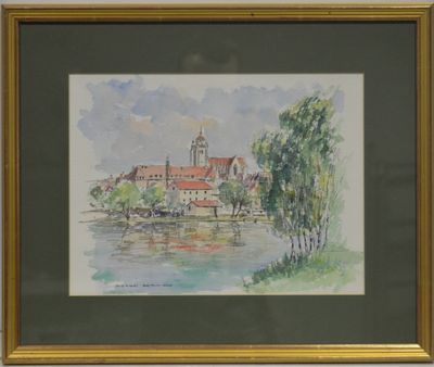 une image représentant une aquarelle d'une ville au bord d'une rivière