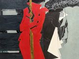 un tableau représentant une femme en robe rouge tenant un parapluie