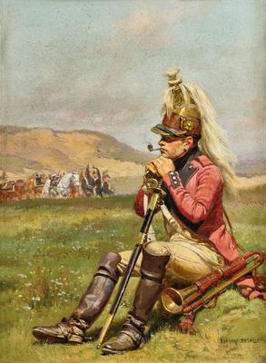 an image of a painting of a man in uniform sitting in a field