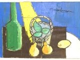 un dessin d'une peinture de fruits et d'une bouteille