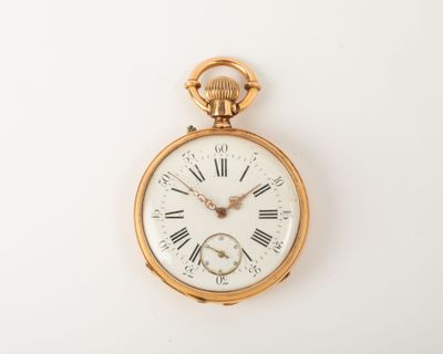 a gold pocket watch with roman numerals on it