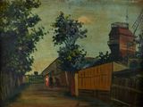 tableau représentant une femme marchant dans une rue, avec un moulin à vent en arrière-plan