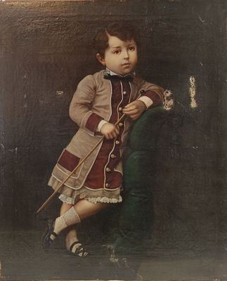 portrait of a young boy in a coat and dress holding a cane