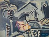 a painting of a bicycle and palm trees in the background