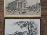 two drawings of a building and a building with people walking on the sidewalk