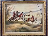 une image représentant un tableau où l'on voit un groupe d'hommes à cheval accompagnés de chiens