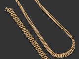 a gold chain necklace and bracelet set on a black background