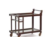 a wooden and glass bar cart with two shelves on wheels