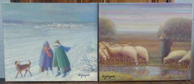 trois tableaux représentant un homme et une femme avec des moutons dans un champ