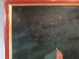 an image of a painting of a red building with a green roof