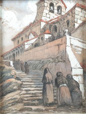 tableau représentant un groupe de personnes montant un escalier devant un immeuble