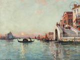 painting of a gondola going down a river with a bridge in the background