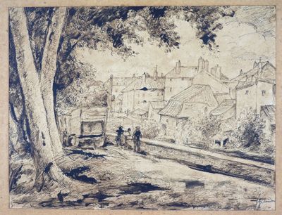 an image of a drawing of a street scene with a horse drawn carriage