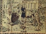 an image of a tapestry with a picture of a man and a woman sitting at a table