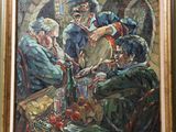 an oil painting of a group of people sitting around a table