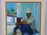 tableau représentant un homme assis par terre avec un panier de nourriture