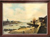 an oil painting of a river scene with boats on the water