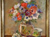 une peinture à l'huile représentant des fleurs dans un vase sur une table