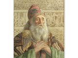 painting of a man with a long beard and a hat holding a fan