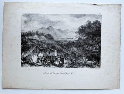 un dessin en noir et blanc représentant un village avec une montagne en arrière-plan