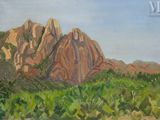 une peinture à l'huile représentant une montagne au loin, avec des arbres au premier plan